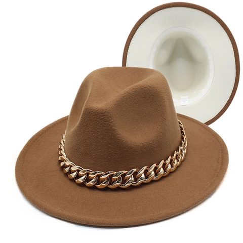 Eleganter Fedora Hut Mit Breiter Krempe Filz Kontrastfarben Mit Grober Goldkette Vintage Western Jazz Mütze