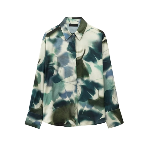 Dames Satijnen Shirt Met Lange Mouwen Abstracte Print Knoopsluiting Reverskraag Blouse Artistiek Elegant Satijnachtig Top