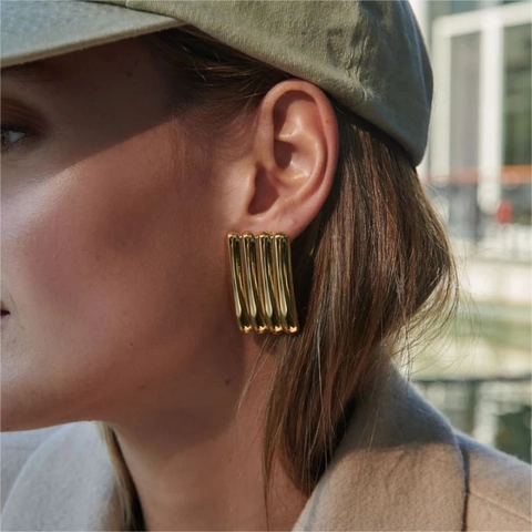 Minimalist Heart And Ridged Rectangular Stud Earrings Stainless Steel 18K Gold Plated INS Style Fashion For Women Waterproof