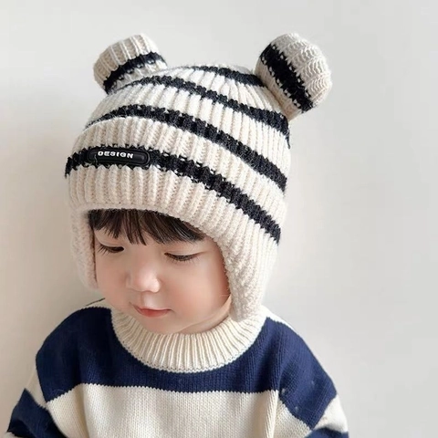 Baby Gestreifte Strickmütze Ohrenschutz Mütze Warme Winter Fleecegefütterte Kappe Mit Süßen Bärenohren Für Kleinkinder