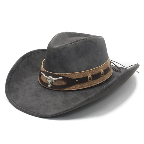 Cappello Da Cowboy Western Vintage Similpelle Scamosciata Tesa Larga Arrotolata Decorazione Testa Di Toro Metallo Cintura Borchie