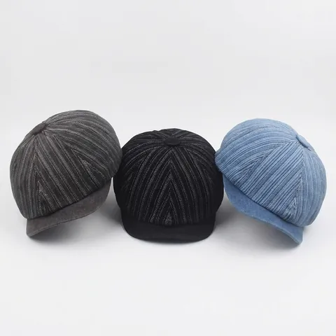 Casquette Gavroche Vintage Pur Coton À Rayures Octogonale Chapeau Peintre Béret Pour Hommes Et Femmes Style Rétro
