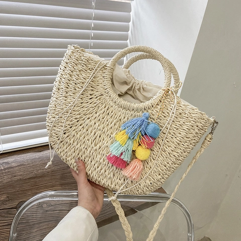 Damen Strohgewebte Schultertasche Sommer Strand Handtasche Bohemian Quasten Dekor Kordelzug Verschluss Urlaubsstil