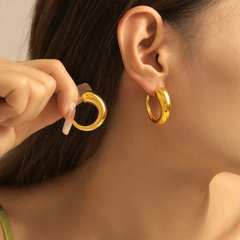 Minimalist Copper Chunky C-Shaped Hoop Earrings 18K Gold Plated Hollow Geometric Bold Statement Jewelry For Women