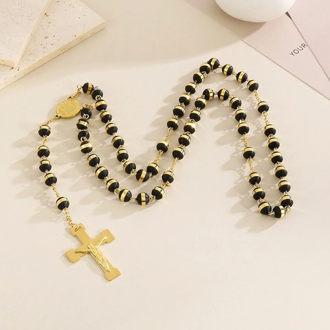 Collar de Crucifijo de Rosario Religioso de Acero Inoxidable Chapado en Oro 18K Joyería de Moda Unisex Cadena Colgante