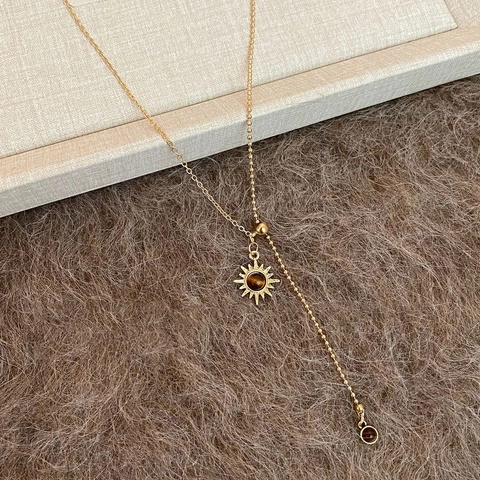 Collier Pendentif Soleil Oeil De Tigre Vintage Plaqué Or Cuivre En Forme De Y Lariat Chaîne Pull Bijoux Élégants Femmes