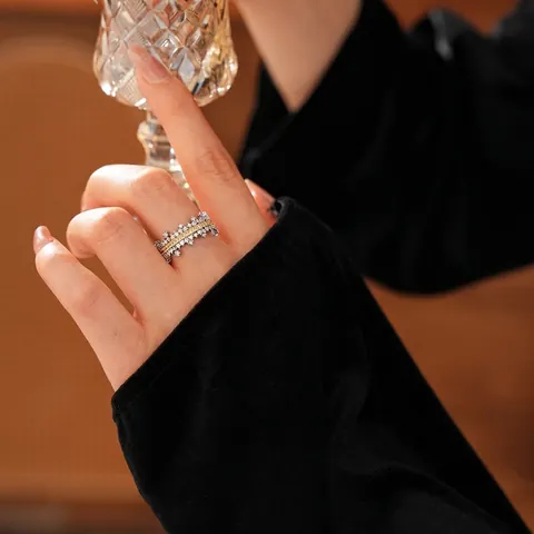 Micro Inlay Zirkon Doppelschicht Öffnungsring Zweifarbig Kronenform Kupfer Verstellbar Modeschmuck Für Damen Zubehör
