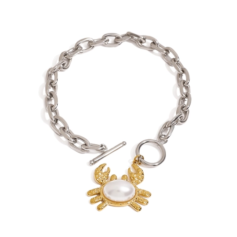 Pulsera De Acero Inoxidable Bicolor De Moda Con Colgante De Cangrejo Dorado Y Perla Artificial Sintética Textura Martillada Para Mujer