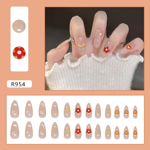 Faux Ongles À Presser Fleurs Douces Forme Amande Rose Translucide Style Peint À La Main En ABS Pour Femmes