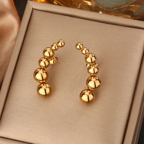 Boucles D'oreilles Ear Crawler En Acier Inoxydable Poli Doré Perles Dégradées Minimaliste Bijoux Femme Homme