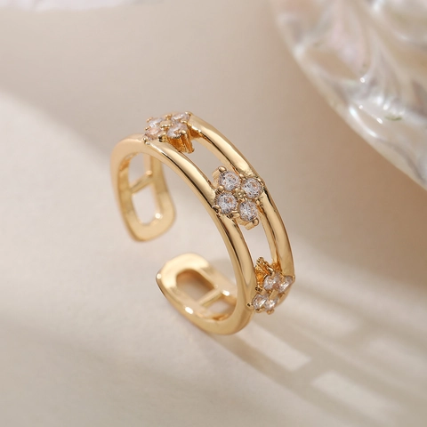 Verstellbarer Offener Ring Kupfer 18K Vergoldet Zirkon Blumencluster Hohl Doppellagig Geometrische Mode Für Damen