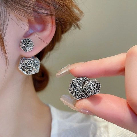 Retro Geometric Flower Hollow Stud Earrings With 925 Sterling Silver Earring Post French Style Elegant For Women