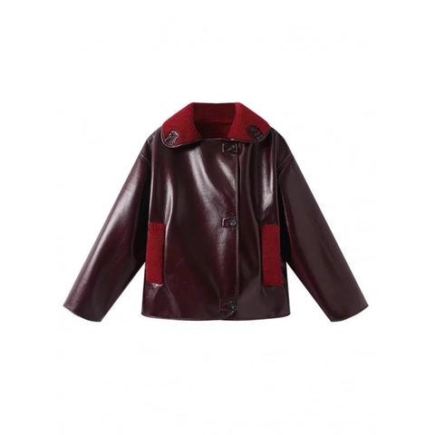 Chaqueta De Cuero PU Para Mujer Con Forro De Borreguillo Sintético Color Vino Tinto Solapa Cálida Invierno Streetwear