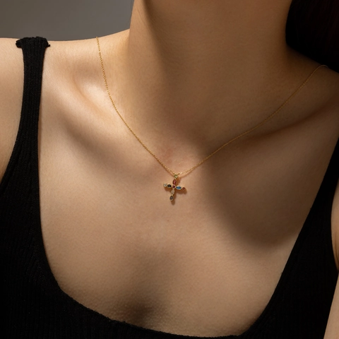 925 Sterlingsilber Multi Color Zirkonia Kreuz Anhänger Halskette Klassisch Bunte Edelstein Bankett Schmuck Für Damen
