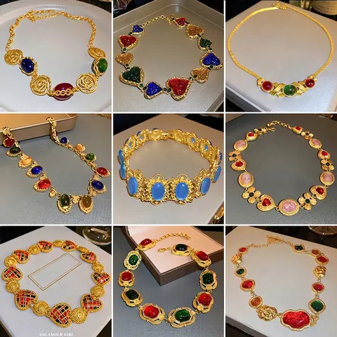 Vintage Heart Geometric Necklace Alloy Copper Rhinestone Enamel Retro Court Style Jewelry For Women