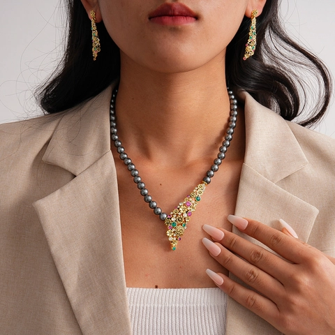 Collana E Orecchini Künstliche Perle Sintetiche Pendente Fiore Vintage Con Perno In Argento Strass Bohemien Da Donna