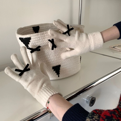 Lindos Guantes de Punto con Lazo para Mujer Otoño Invierno Color Sólido Cálidos Pantalla Táctil Acrílico Guantes Estudiante