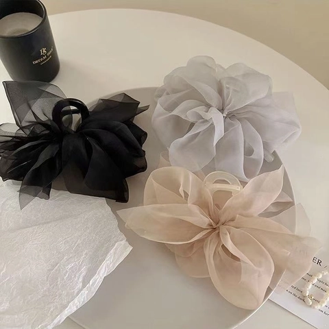 Grande Fermaglio Per Capelli Fiocco Doppio Lato Rete Organza Fiore Chiffon Pinza Squalo Fatto A Mano Elegante Stile Fata Donne