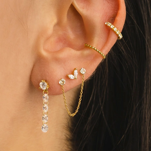 Orecchini A Lobo In Acciaio Inossidabile Placcato Oro 18K Con Zirconia Stella Cuore Forme Geometriche Per Donna