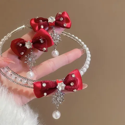Red Bow Snowflake Artificial Pearl Necklace And Earrings With Silver Earring Post Elegant Christmas Party Accessories For Women