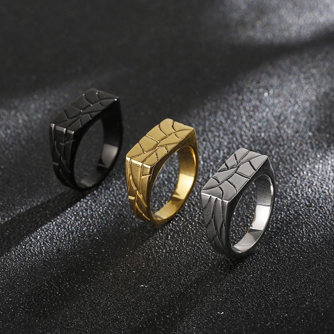 Anillo De Sello De Acero Inoxidable Para Hombre Textura Geométrica Agrietada Parte Superior Plana Estilo Punk