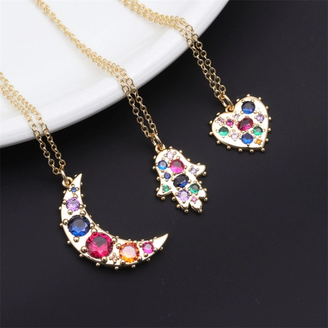 Bohemian Pendant Necklace Gold Plated Copper With Colorful Micro Pave Zircon Moon Hamsa Hand Heart Fashion Jewelry For Women