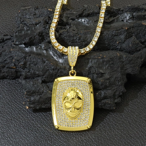Hip Hop Totenkopf Anhänger Halskette Legierung Straß Besetzt Square Plaque Tennis Kette Punk Rock Schmuck