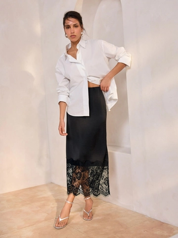 Gonna Midi In Satén Da Donna Con Pizzo Vita Alta Spacco Laterale Stile Urbano Elegante Colore Solido