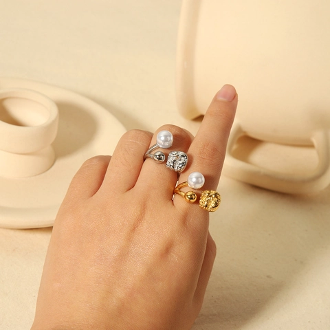 Verstelbare Open Ring 18K Verguld Roestvrij Staal Geometrische Lavatectuur Kunstparel Franse Retro Stijl Sieraden Voor Dames
