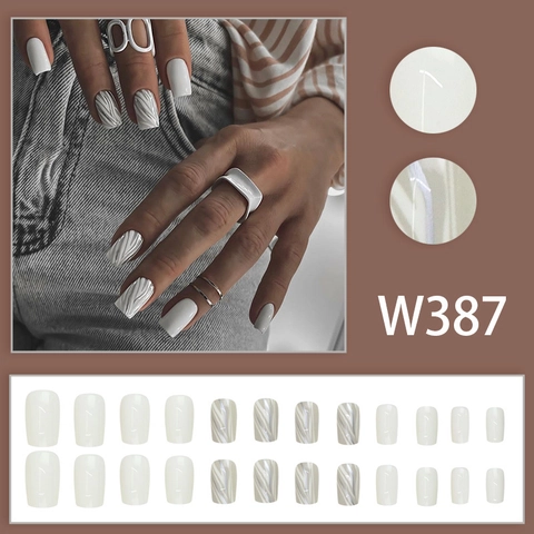 Press On Nails Artificial False Nail Tips Marble Texture Wave Grey White Color Block Square Shape Manicure For Women