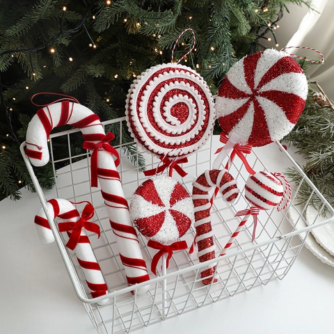 Christmas Candy Cane Lollipop Hanging Ornaments Red White Stripes Foam Glitter Velvet Bow Holiday Tree Decoration