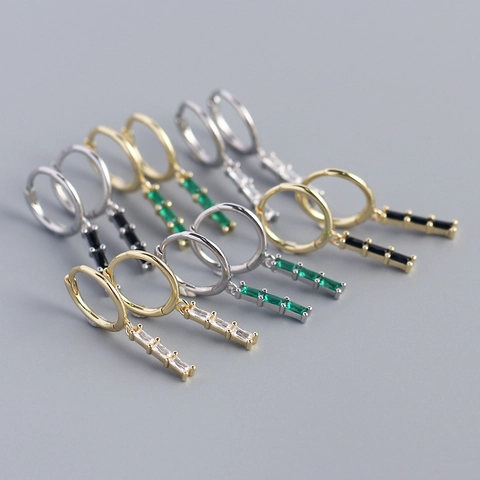 925 Sterling Silver Huggie Hoop Earrings With Rectangular Baguette Cubic Zirconia Pendant Geometric Minimalist For Women