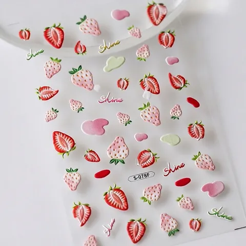 5D Relief Nail Art Stickers Embossed 3D Self Adhesive Strawberry Flower Heart Pattern DIY Manicure Decoration Cute Style