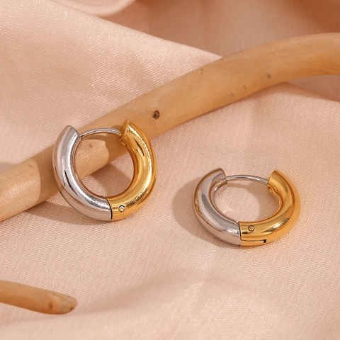 Minimalisti Orecchini a Cerchio a C in Acciaio Inossidabile Bicolore Oro Argento da Donna Moda Gioielli in Metallo Lucido Spliced