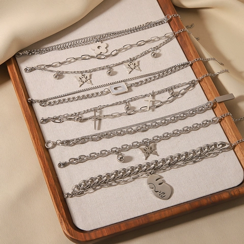 Stainless Steel Multi Layer Chain Bracelet With Butterfly Cross And Face Pendant Hip Hop Style Unisex Jewelry