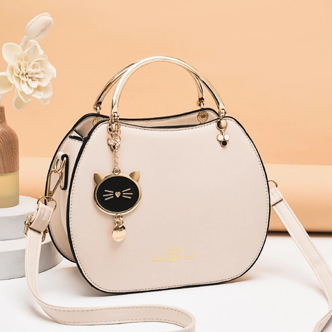 Women PU Leather Shell Handbag With Metal Ring Handle And Cat Charm Sweet Korean Style Shoulder Crossbody Bag