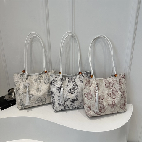 Sac Fourre-Tout pour Femmes Nouveau Style Chinois Jacquard Papillon Grande Capacité Sac à Bandoulière avec Gland Perlé
