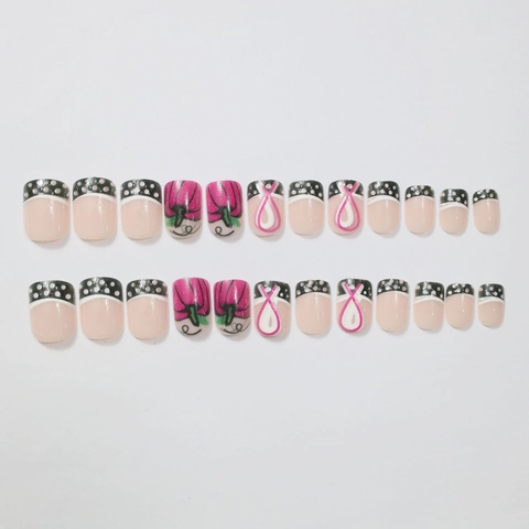 Press On Nails Short Square ABS Artificial False Fingernails Pink Ribbon Polka Dot Pumpkin French Style For Women