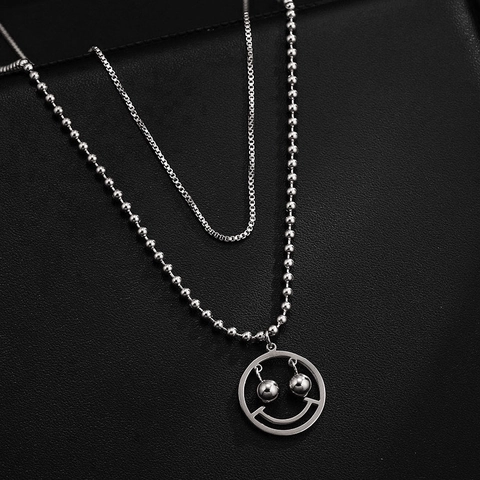 Double Layered Necklace Stainless Steel Smiley Face Pendant Box And Bead Chain Trendy Jewelry For Men Women