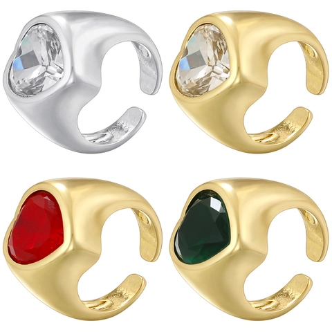 Anello Aperto a Cuore in Rame Placcato Oro Argento Con Intarsio in Zirconia Design di Nicchia Retrò Lucido Regolabile per Donna