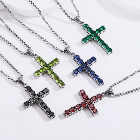 Elegante Collana con Ciondolo a Croce in Acciaio al Titanio per Donna Uomo Intarsio Zirconia Pietre Colorate Gioielli Regalo