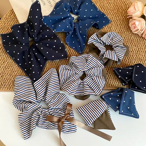 Elegant Cloth Hair Scrunchies And Bow Claw Clips Korean Heart Stripe Pattern Styling Accessories For Women Girls