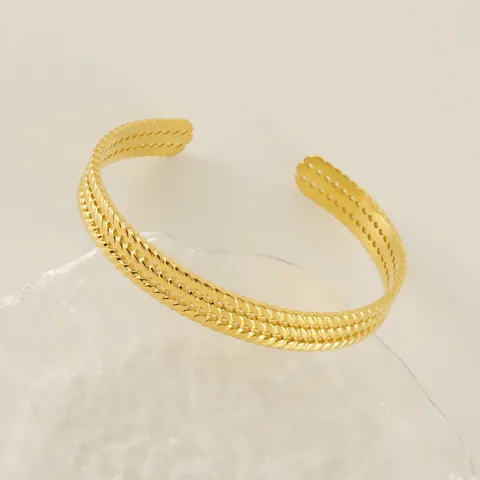 Französisch Vintage Ährenmuster Manschettenarmband Edelstahl 18K Vergoldet Geflochtene Textur Offen Verstellbar Für Damen