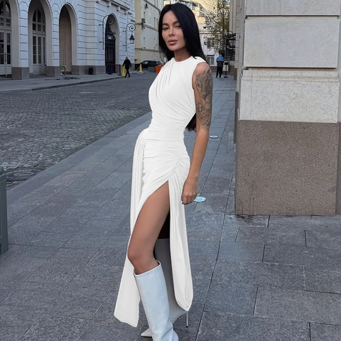 Sleeveless Side Slit Ruched Maxi Dress Polyester Spandex Round Neck Pleated Slim Fit Elegant Urban Fashion For Women