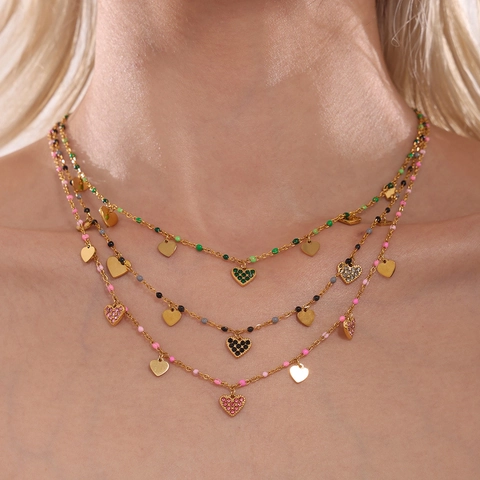 Set di Gioielli di Lusso in Acciaio Inossidabile con Pendente a Cuore Collana Bracciale Cavigliera con Perline di Zircone Smalto