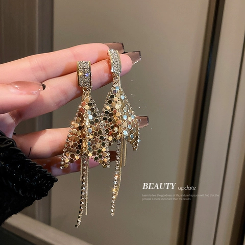 Lange Pailletten Kwastje Oorbellen Legering Strass Driehoek Gaas Hanger Sieraden Met Zilveren Oorbel Post Voor Vrouwen