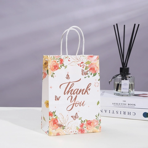 Floral Gift Bags Kraft Paper Handheld Gold Stamped For Wedding Party Thank You Team Bride Patterns Elegant Portable