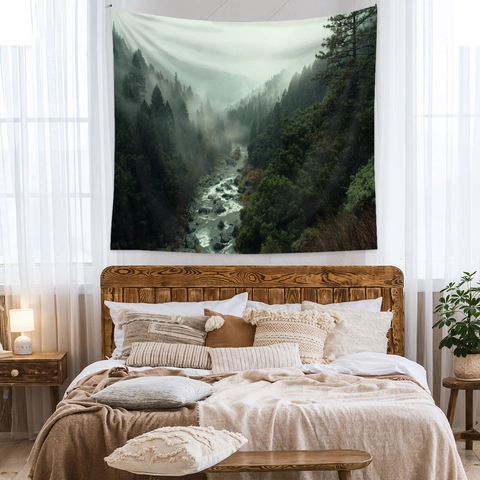 Nature Landscape Wall Tapestry Polyester Forest Misty Mountain Lake Decor For Bedroom Living Room Nordic Style