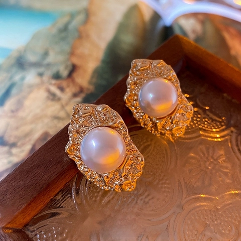 Clips De Oreja De Perla Artificial Y Metal Con Textura Irregular Geométrica Elegantes Sin Agujero Joyas Vintage De Lujo Para Mujeres