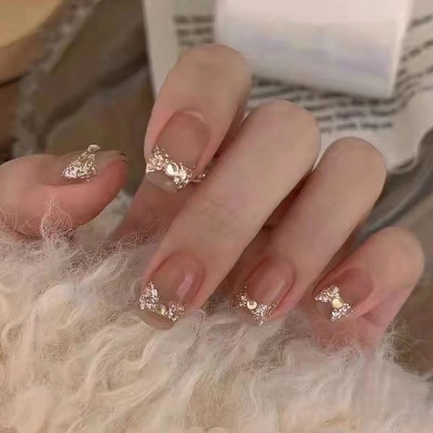 Nude Pink Kurze Runde Aufpressnägel Mit Glitzer-Schleife Und Strass Elegante Abnehmbare Künstliche Falsche Fingernägel